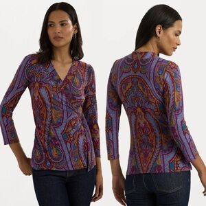 LAUREN RALPH LAUREN Paisley Jersey Stretch Wrap 3/4 Length Sleeve Blouse Top
